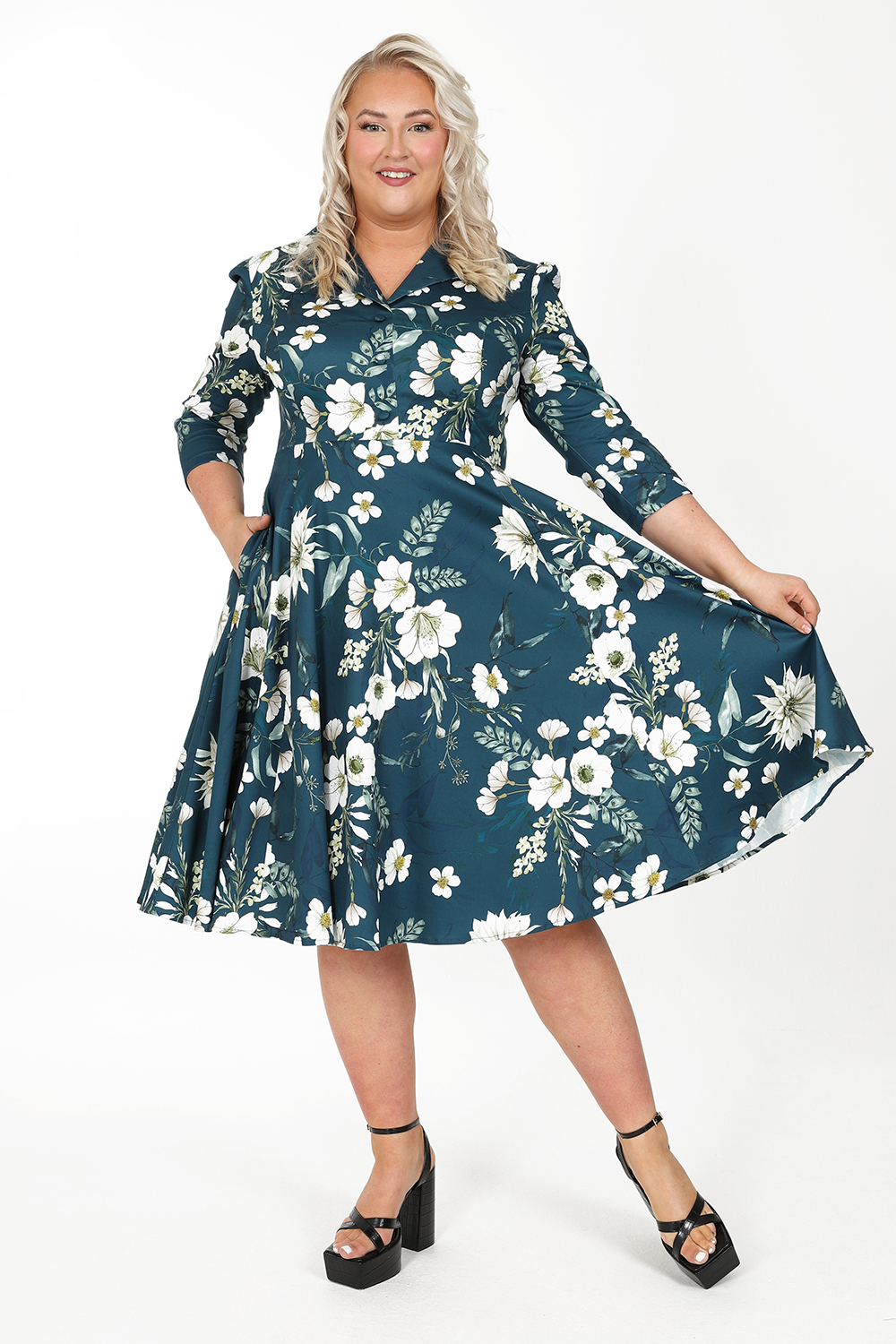 Royal Blue 50s Georgina Floral Swing Dress